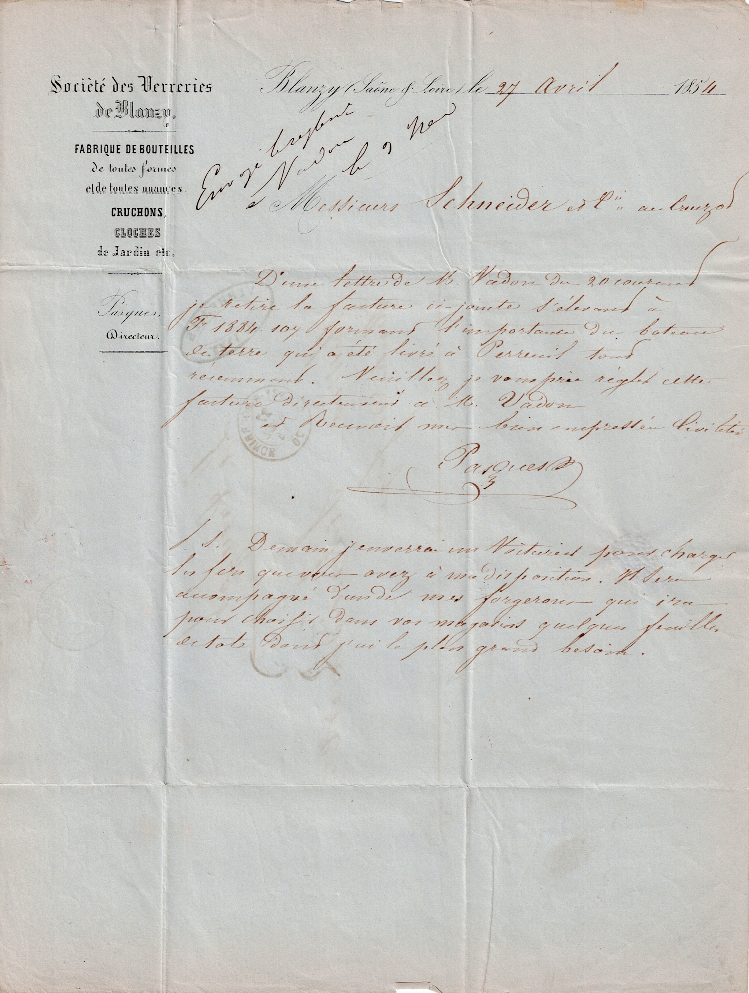 Facture adressée à Messieurs Schneider et Cie, du Creuzot, 27 avril 1854. Le directeur est Pasques. © Collection privée Arnaud Balandras