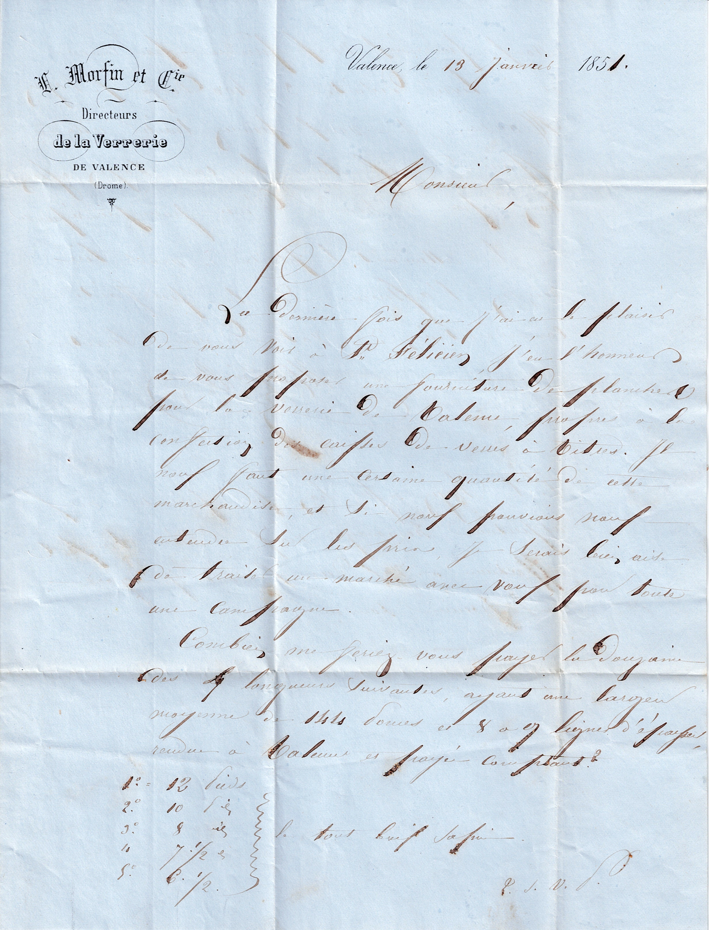 Facture émise la 13 janvier 1851 par la société L. Morfin et Cie, directeurs de la verrerie de Valence. © Collection privée Arnaud Balandras.