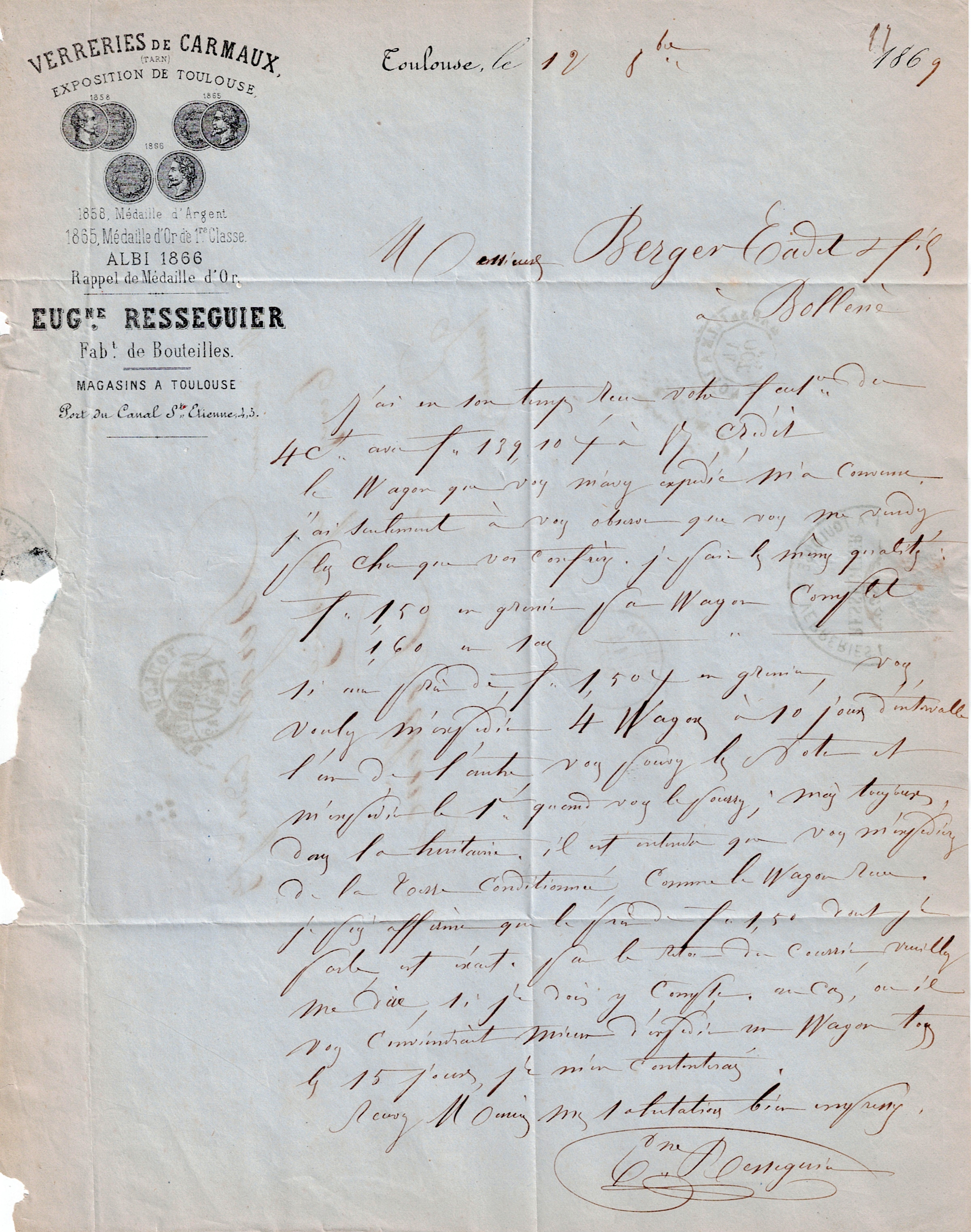 Facture des Verreries de Carmaux signée Eugène Resseguier en personne, 12 octobre 1870 © Collection privée Arnaud Balandras.