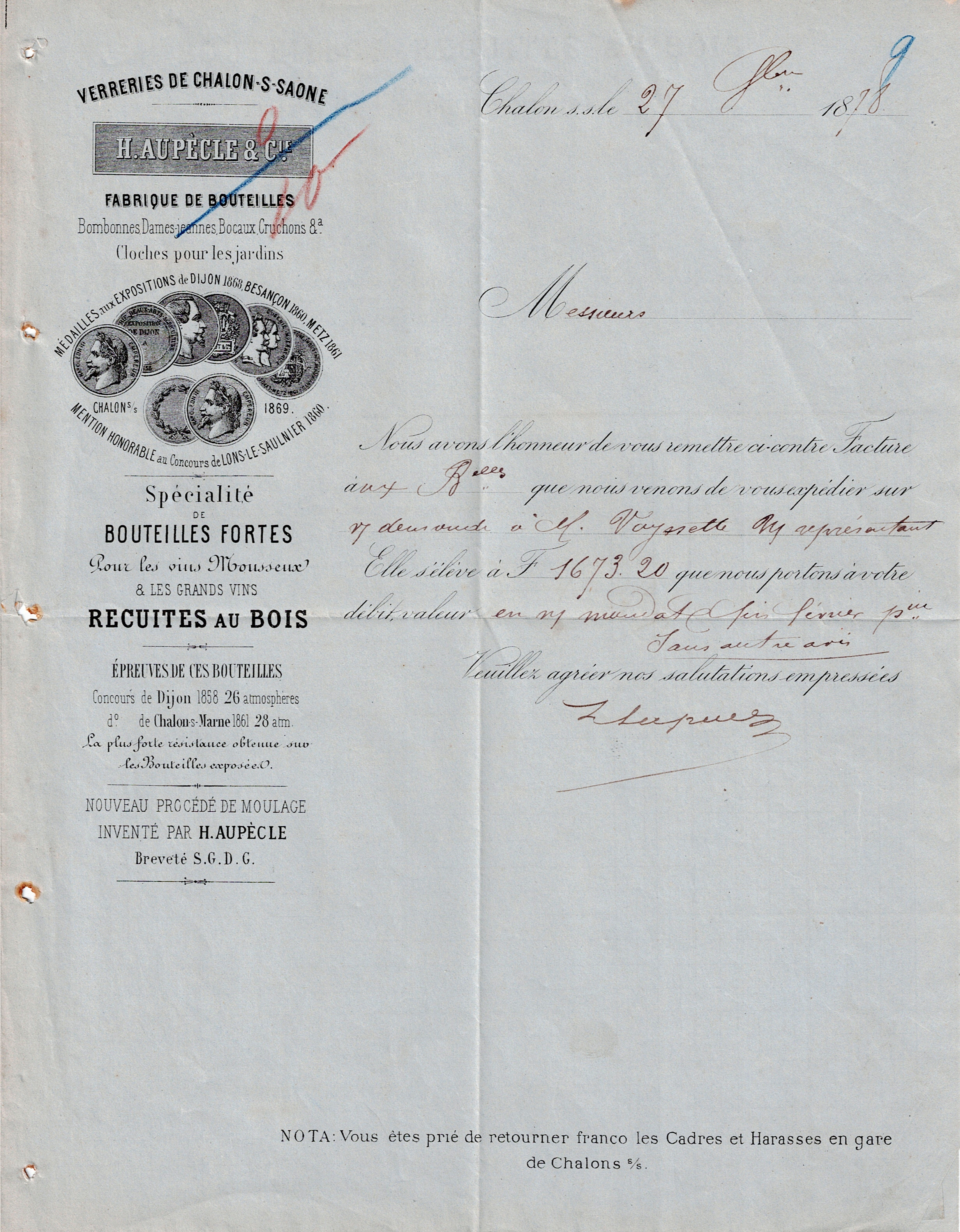 Facture sur papier à entête des Verreries de Chalon-sur-Saône H. Aupècle et Cie, 27 novembre 1878.