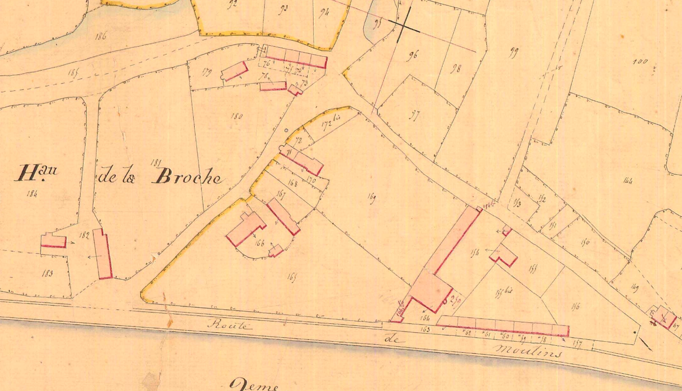 Lieu-dit de la Broche, où se trouvait la verrerie (parcelles n° 154 à 164). Extrait du cadastre napoléonien de Molinet, section B2, année 1842, cote 3 P 3180. © Archives Départementales de l'Allier.