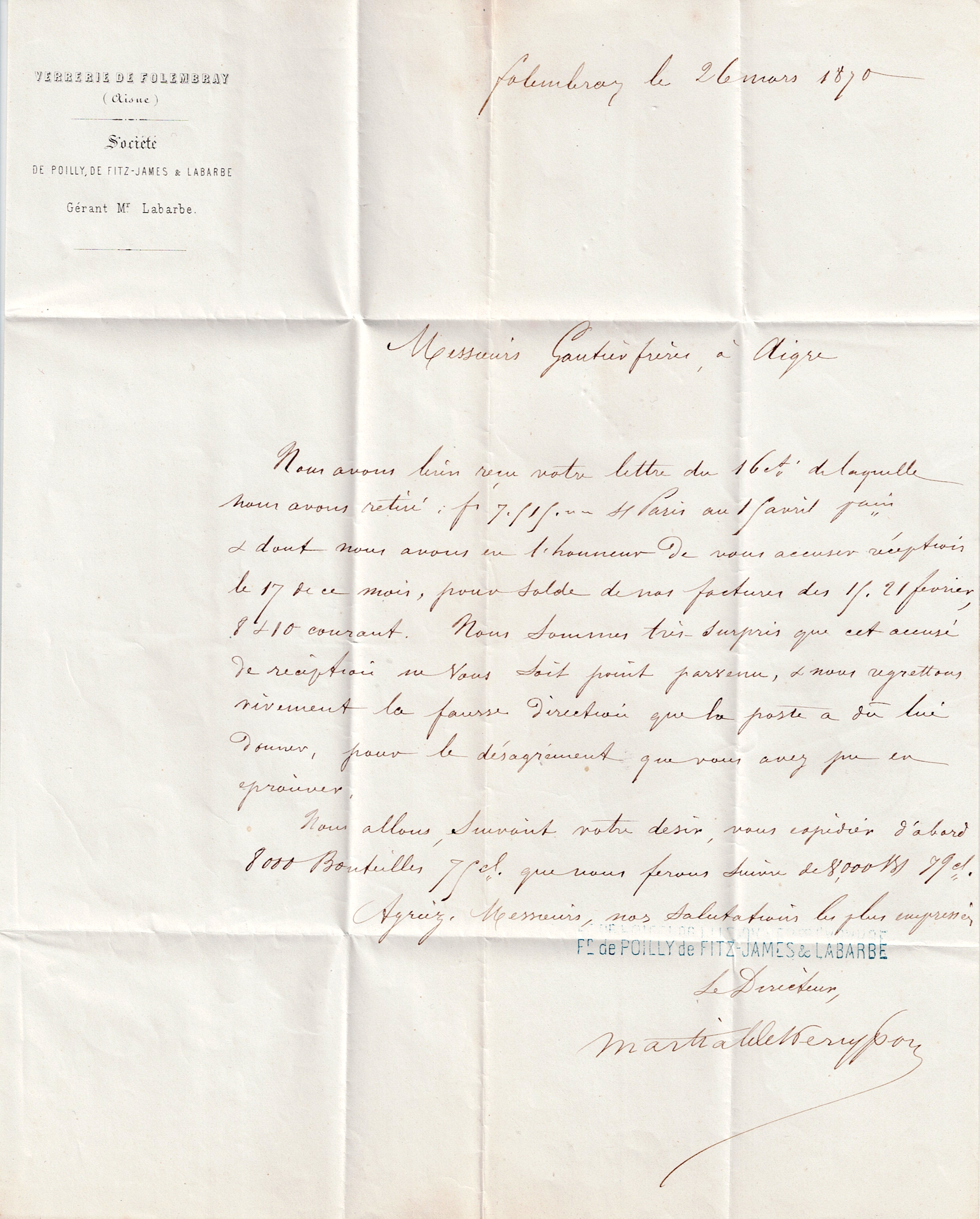 Facture de la verrerie de Folembray, 26 mars 1870 - © Collection privée Arnaud Balandras