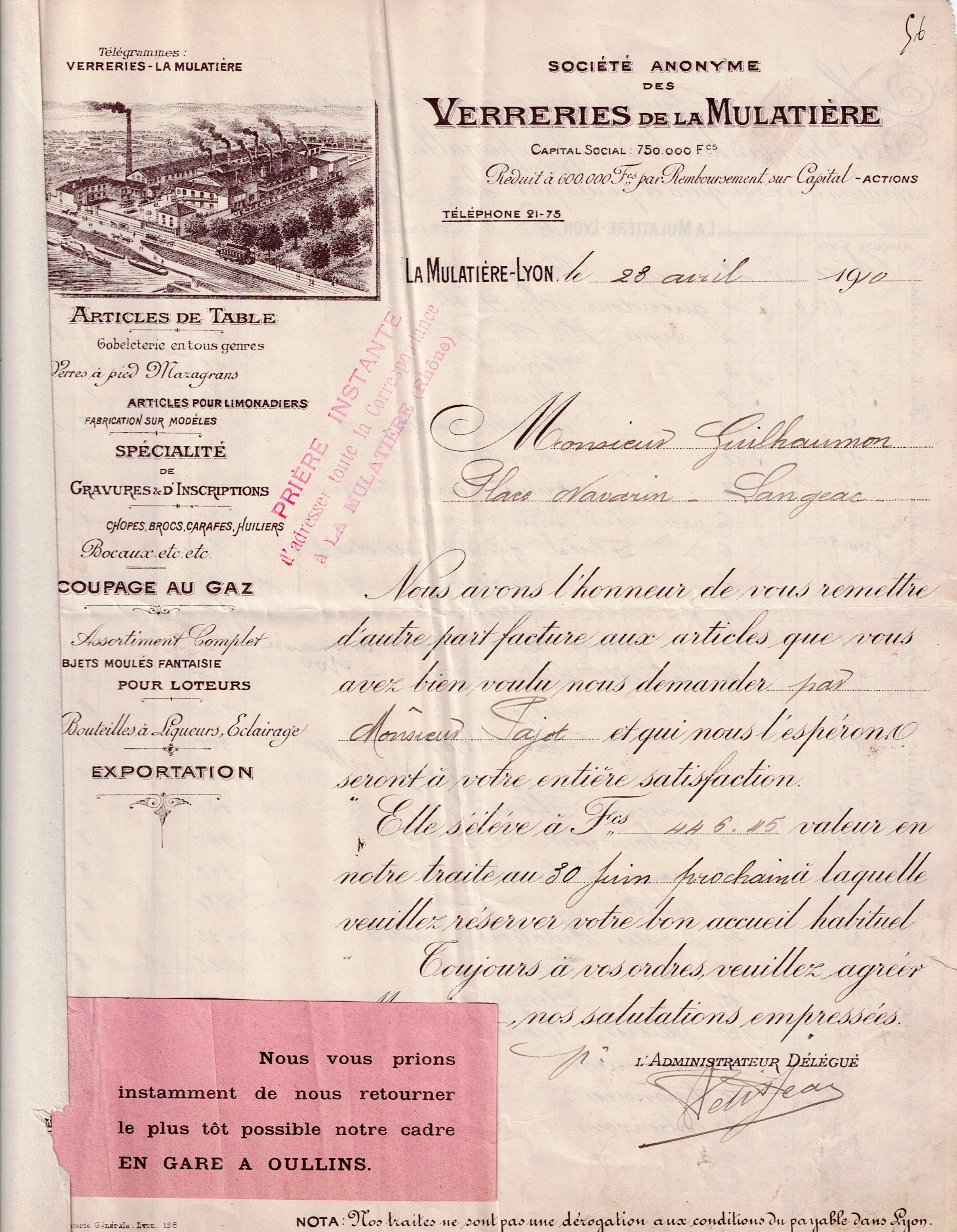 Facture de la Société Anonyme des Verreries de la Mulatière, 28 avril 1910. A cette date, la production est encore axée sur la gobeletterie commune. © Collection privée Arnaud Balandras
