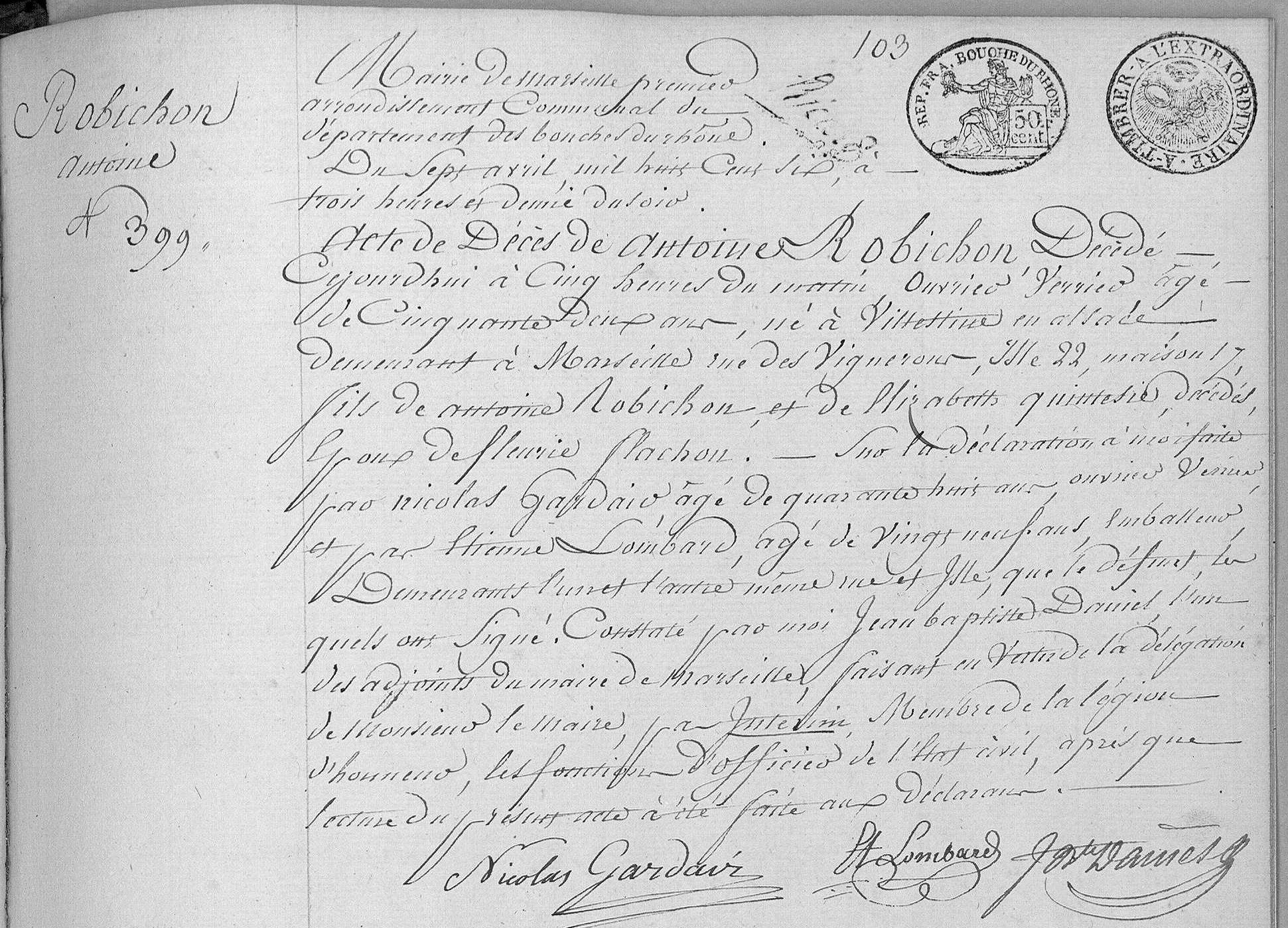 Acte de décès d'Antoine Robichon le 7 avril 1806 à Marseille, rue des Vignerons - © Archives Départementales des Bouches-du-Rhône