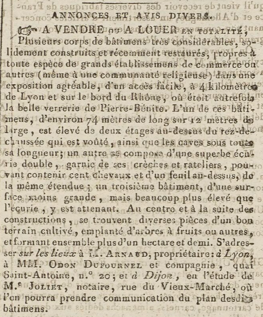 Annonce de la mise en vente du domaine de La Verrerie, 1822.