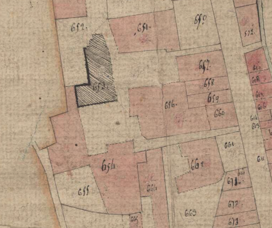 Extrait du plan cadastral de 1811 montrant le quartier de Chantegraine avec les parcelles 653 et 656. © Archives départementales de la Loire.