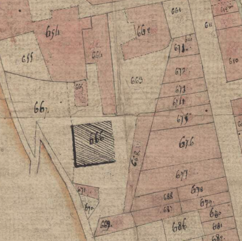 Extrait du plan cadastral de 1811 montrant le quartier de Rochefolle avec la parcelle 666 (verrerie Brochier, Fleurdelix puis Lanoir). Section C, cote 1678VT8_30 © Archives départementales de la Loire