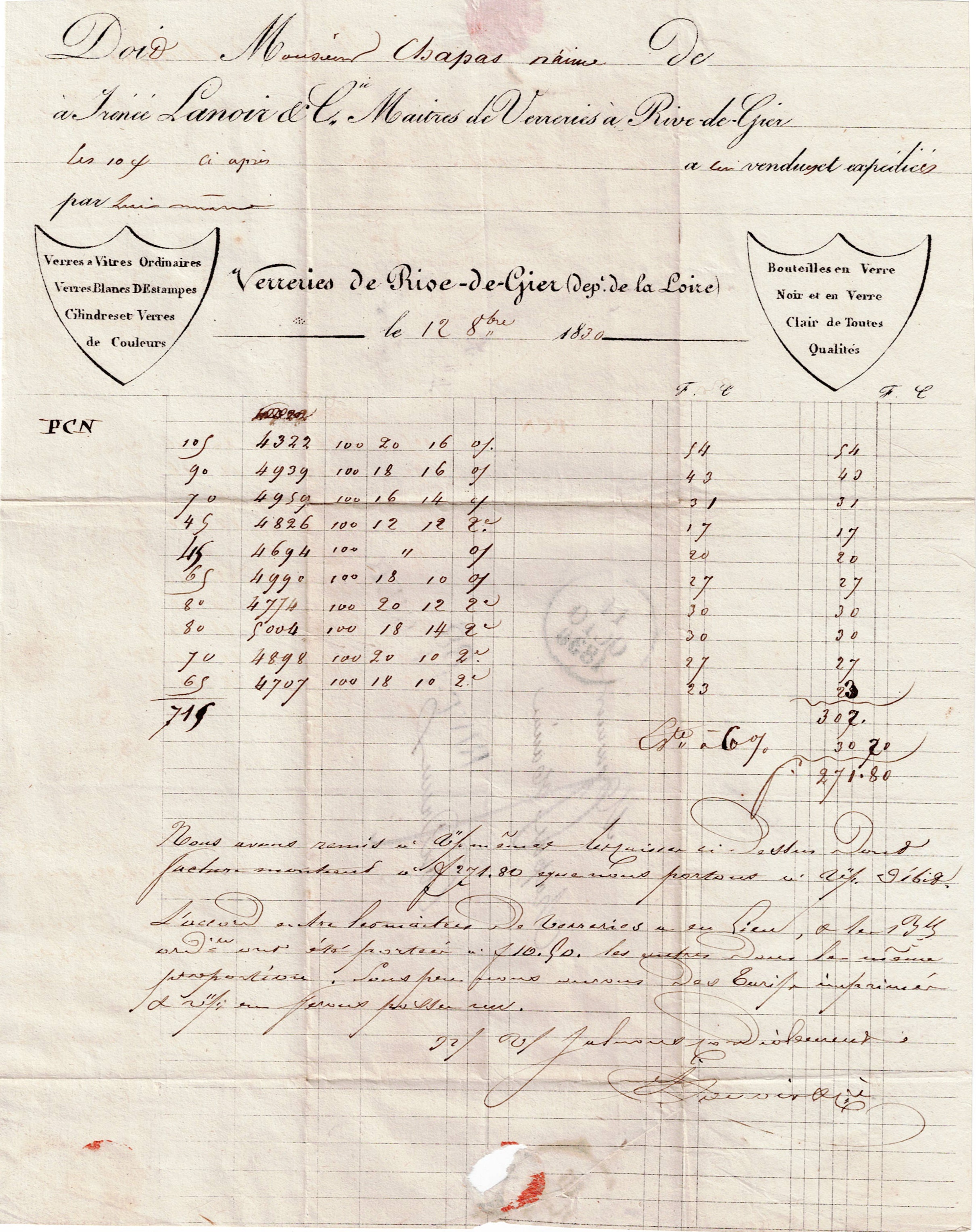 Facture des Verreries de Rive-de-Gizer, Irénée Lanoir et Cie datée du 12 octobre 1830. © Collection privée Arnaud Balandras.