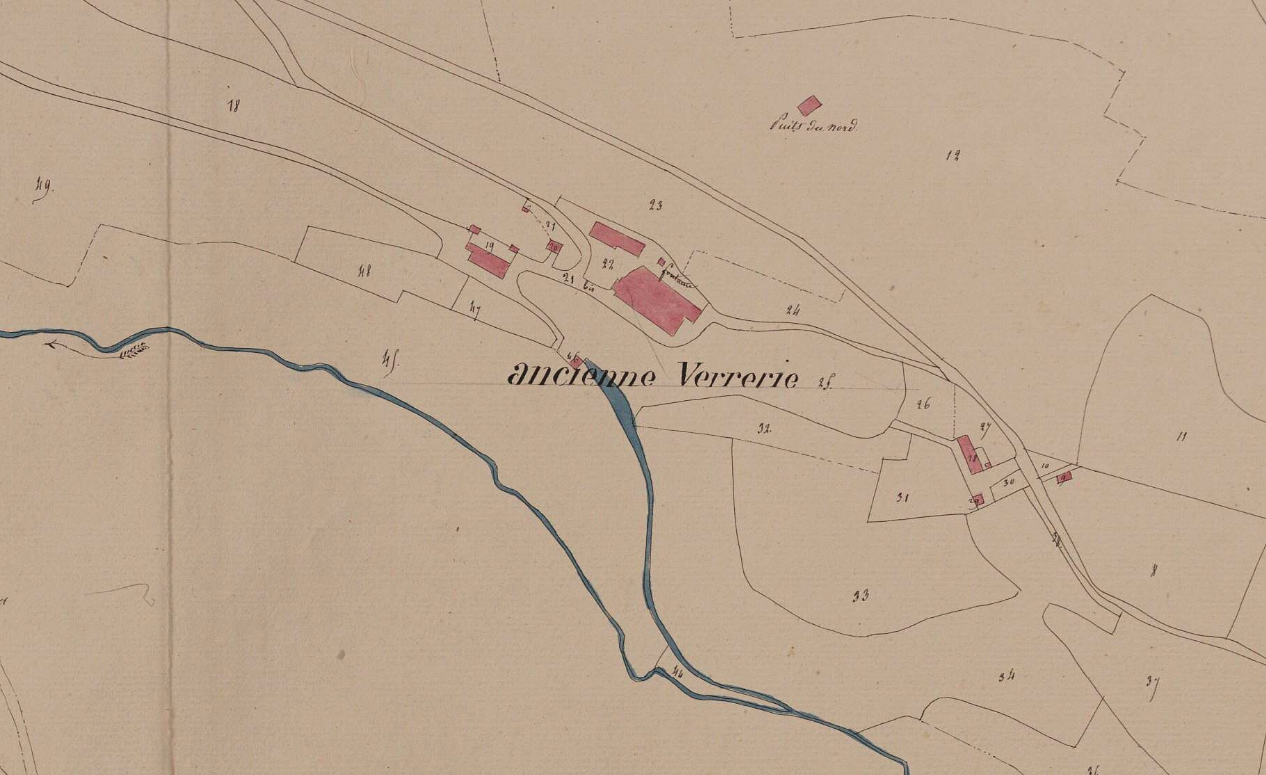 Lieu-dit de l'ancienne verrerie avant le transfert à La Motte (parcelle n° 16). Extrait du cadastre napoléonien de Saint-Bérain-sur-Dheune, section B1 du Grand Lourdon, cote 3 P 3512.
