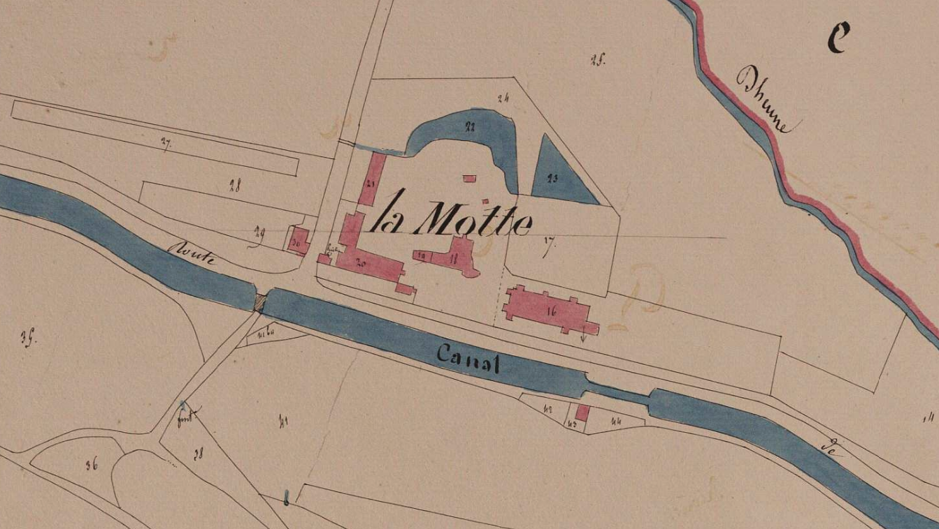 Lieu-dit de la Motte, le long du canal, où se trouvait la verrerie (parcelle n° 16). Extrait du cadastre napoléonien de Saint-Bérain-sur-Dheune, section D1 de la Motte, cote 3 P 3516.