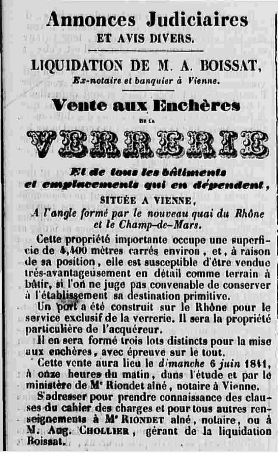Liquidation Boissat, verrerie de Vienne - Journal de Vienne, 15 mai 1841
